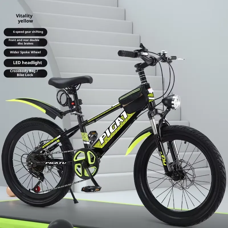 Road Bike Tire - จักรยานเสือภูเขาสำหรับผู้ใหญ่และเด็ก พร้อมดิสก์เบรกคู่ ไฟหน้า LED ยางปรับความเร็วได้ สำหรับนักเรียน