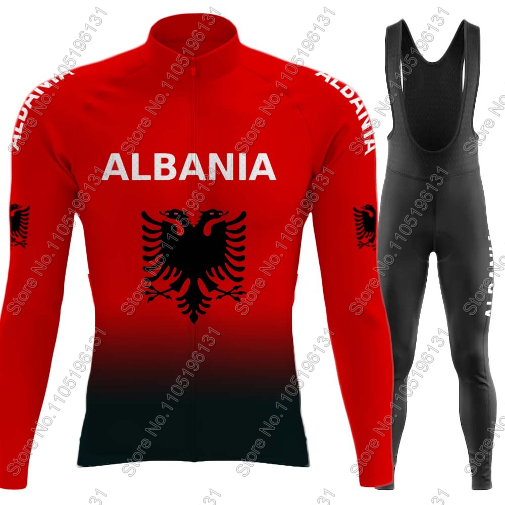 Cycling Gear Winter - ชุดเสื้อเจอร์ซีย์ปั่นจักรยานทีมชาติแอลเบอเนีย ปี 2026 แขนยาว สีแดง สำหรับฤดูร้อนและฤดูหนาว